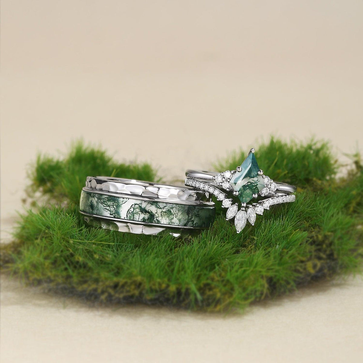 Genevieve’s Harmony | Luxurious Eternal Moss Agate Couple Ring Set 3pcs.