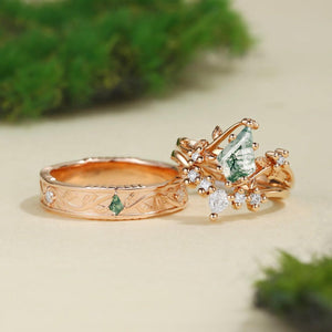 Pomona’s Bosk | Unique Kite Cut Moss Agate Leafy Couple Ring Set 3pcs.