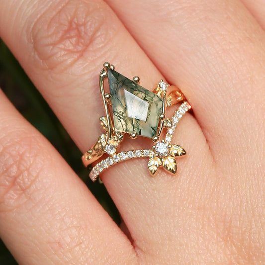 Unique Moss Agate Three Leaves Engagement Ring Set 2pcs - Ella.