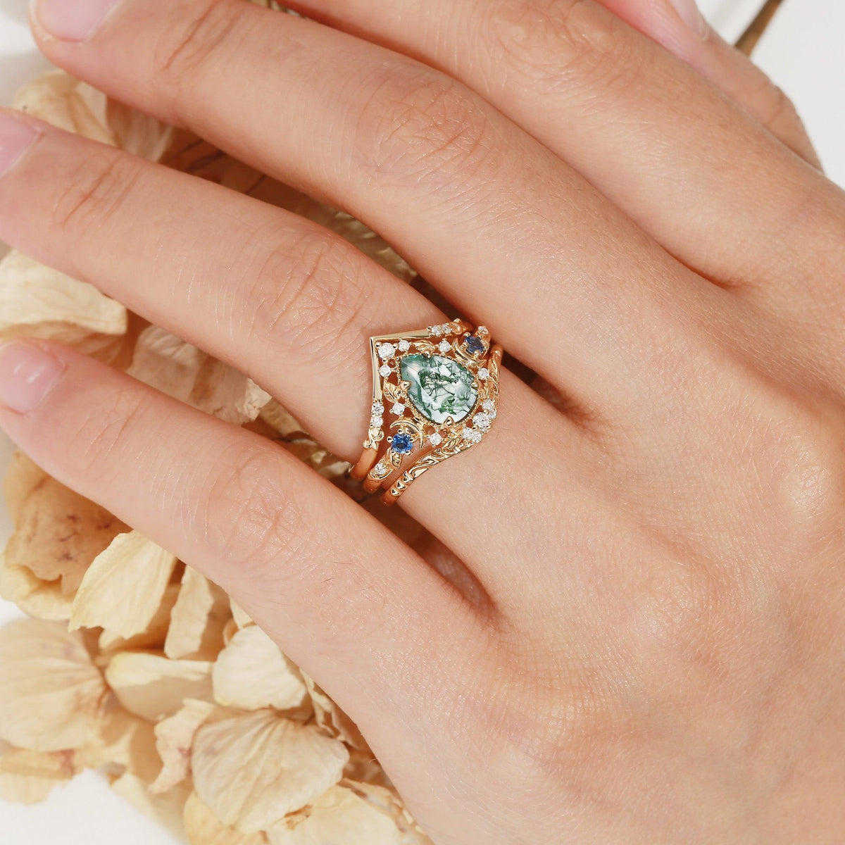 Unique Moonlight Moss Agate Pear Cut Vine Leaf Ring Bridal Sets 2pcs.