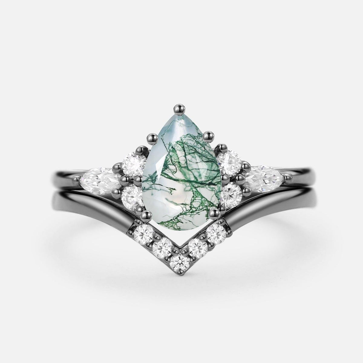 Sienna Pear Cut Moss Agate Cluster Ring Set 2pcs.