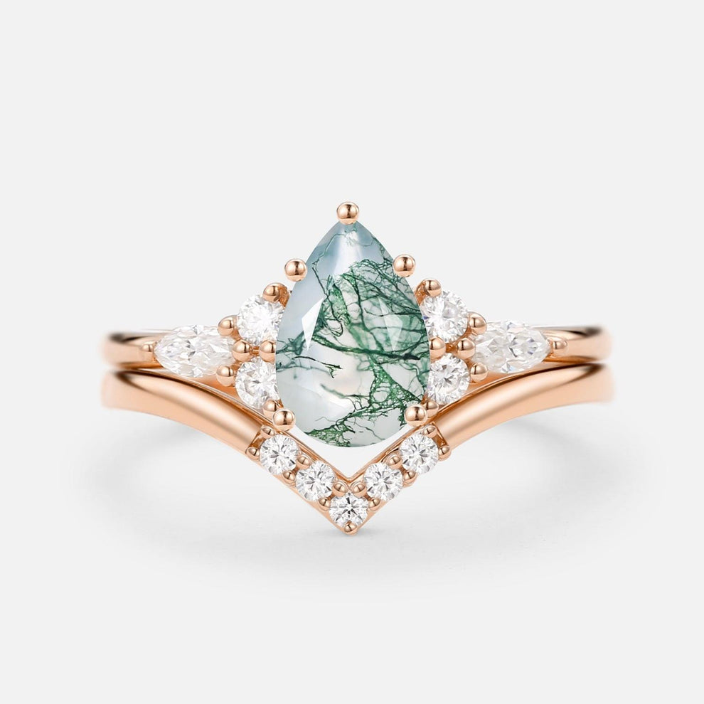 Sienna Pear Cut Moss Agate Cluster Ring Set 2pcs.