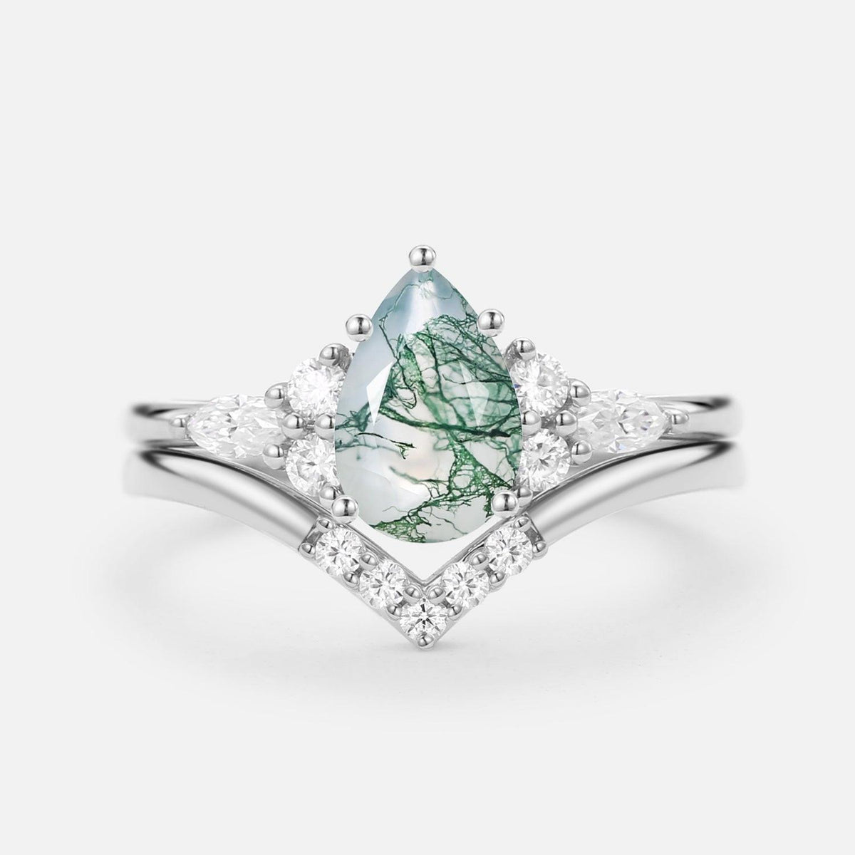 Sienna Pear Cut Moss Agate Cluster Ring Set 2pcs.