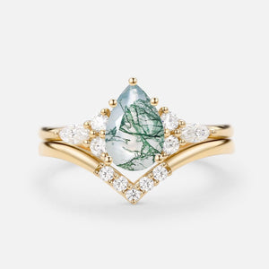 Sienna Pear Cut Moss Agate Cluster Ring Set 2pcs.