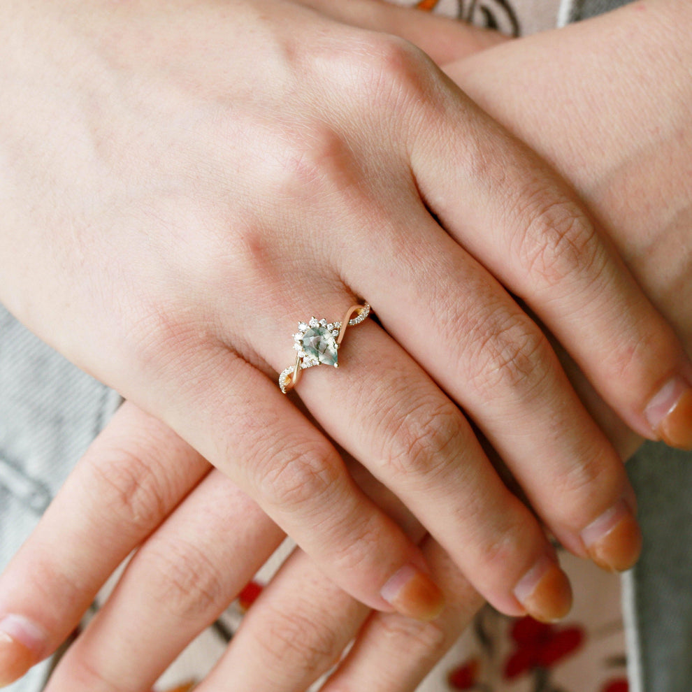 Barbara’s Grove | Pear Moss Agate Infinity Engagement Ring.