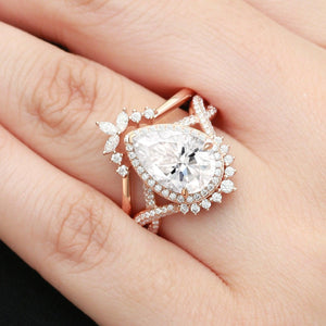 Black Gold Pear Shaped Moss Agate Antique Halo Infinity Ring Sets 2pcs.