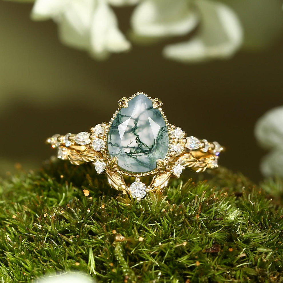 Hazel’s Grove | Vintage Pear Cut Moss Agate Leafy Ring Set 2pcs.