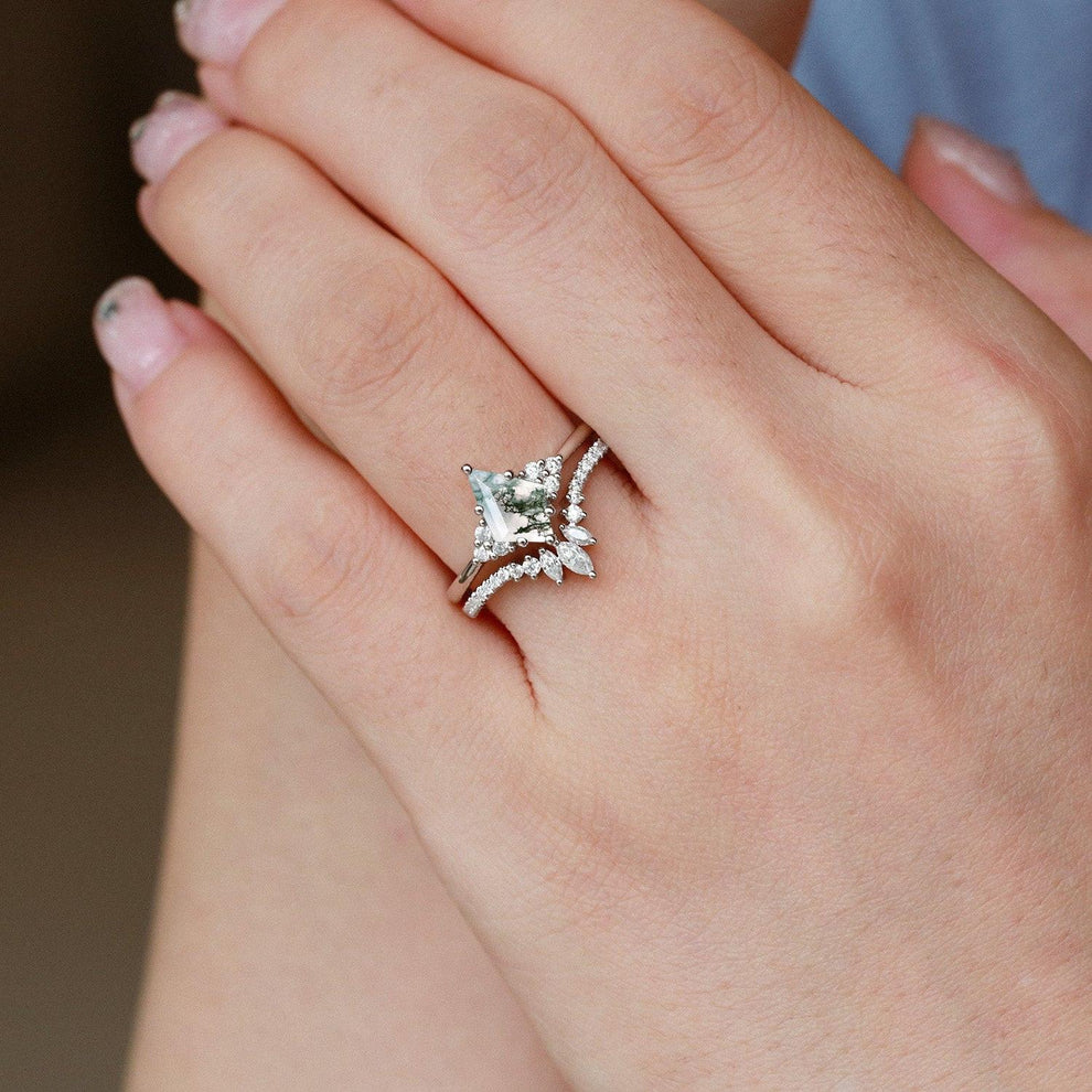 Elara’s Grove | Kite Cut Moss Agate Engagement Ring Set 2pcs.