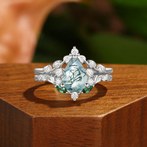 Unique Heart Leaf Moss Agate Engagement Ring Set.