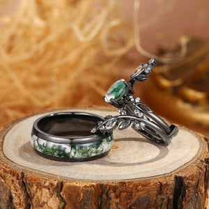 Sylvie’s Blackwood | Black Gold & Oval Moss Agate Couple Ring Set 3pcs.