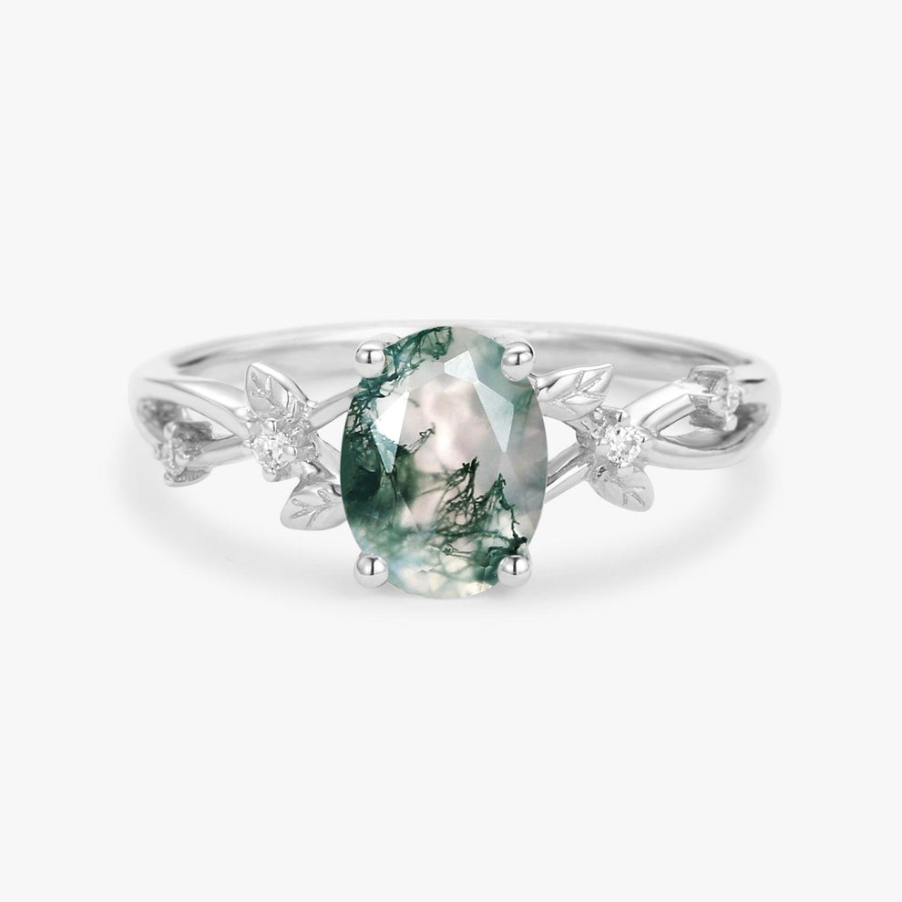 Sylvie’s Twig | Oval Cut Moss Agate Engagement Ring.