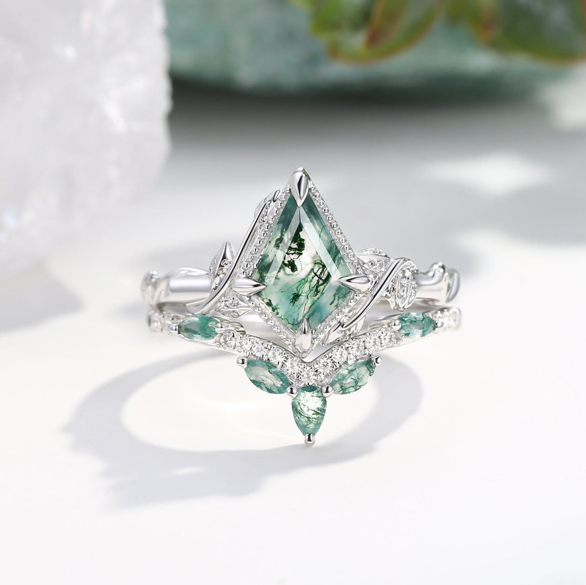 Flora’s Lark | Kite Cut Moss Agate Leafy Bridal Set 2pcs.