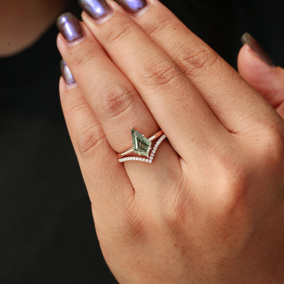 Kite Cut Moss Agate Engagement Ring Set 2pcs - Ash.