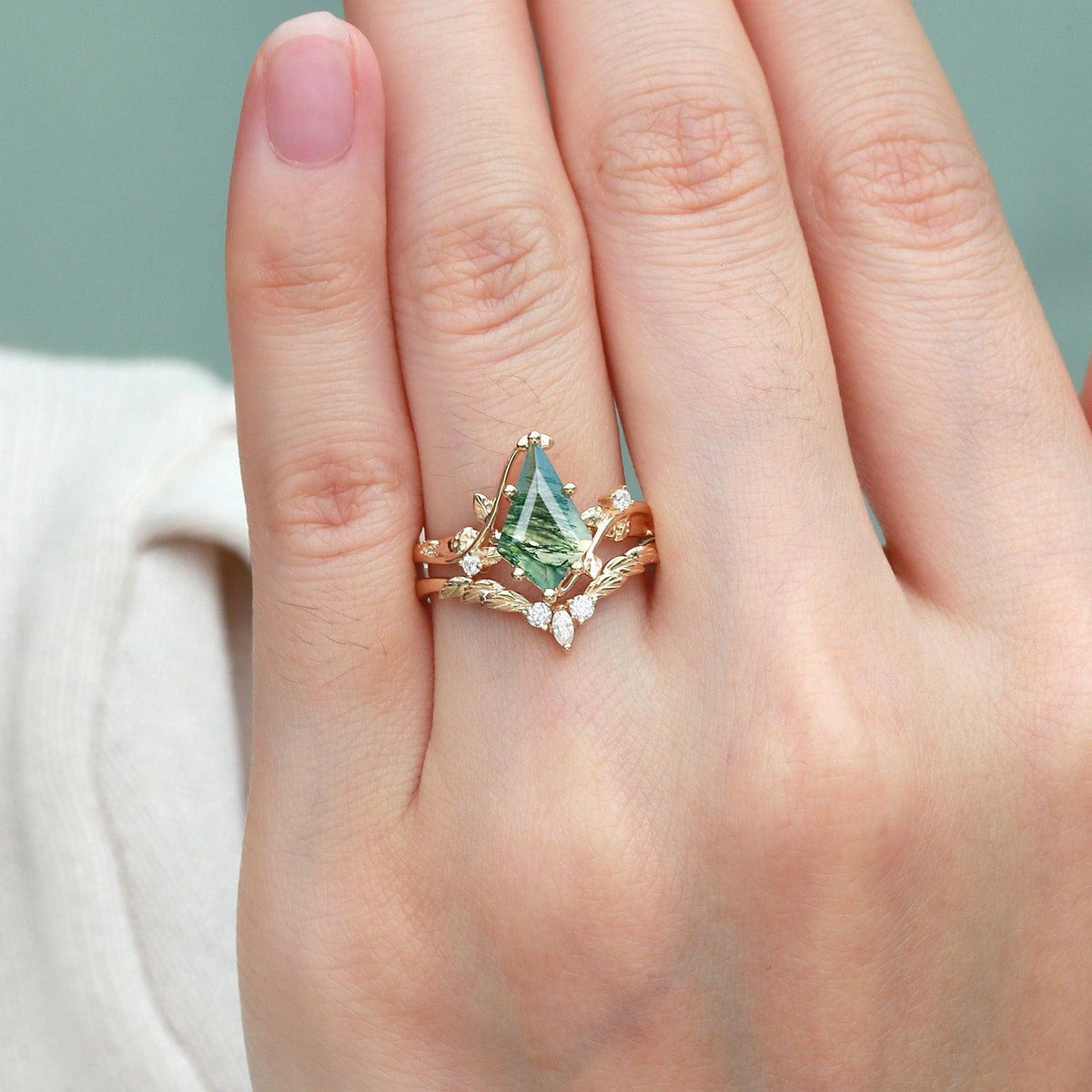 Twigs Moss Agate Kite Cut Vine Engagement Ring Set 2pcs.