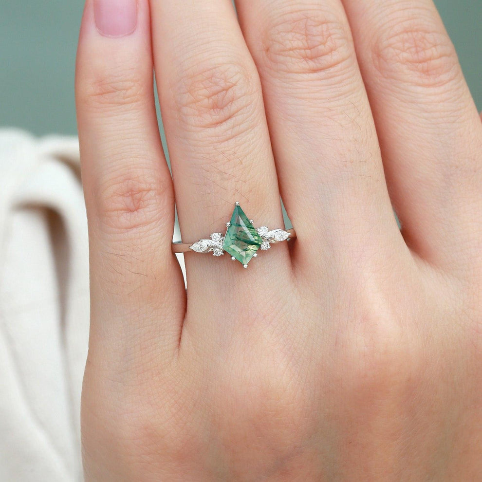 Unique Kite Cut Moss Agate Leafy Engagement Ring.