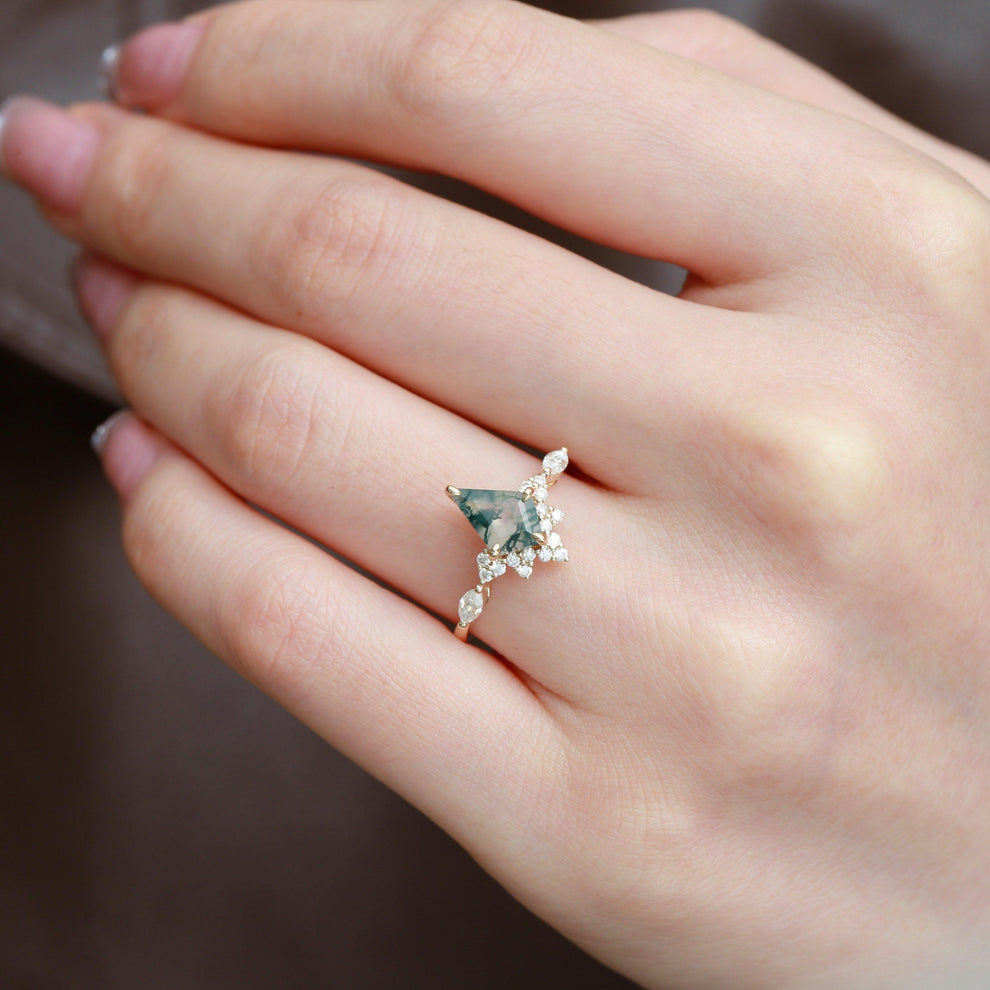 Unique Moss Agate Stacking Engagement Ring.