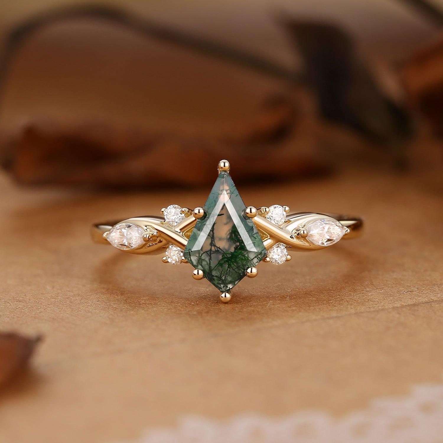 Unique Kite Cut Moss Agate Leafy Engagement Ring.