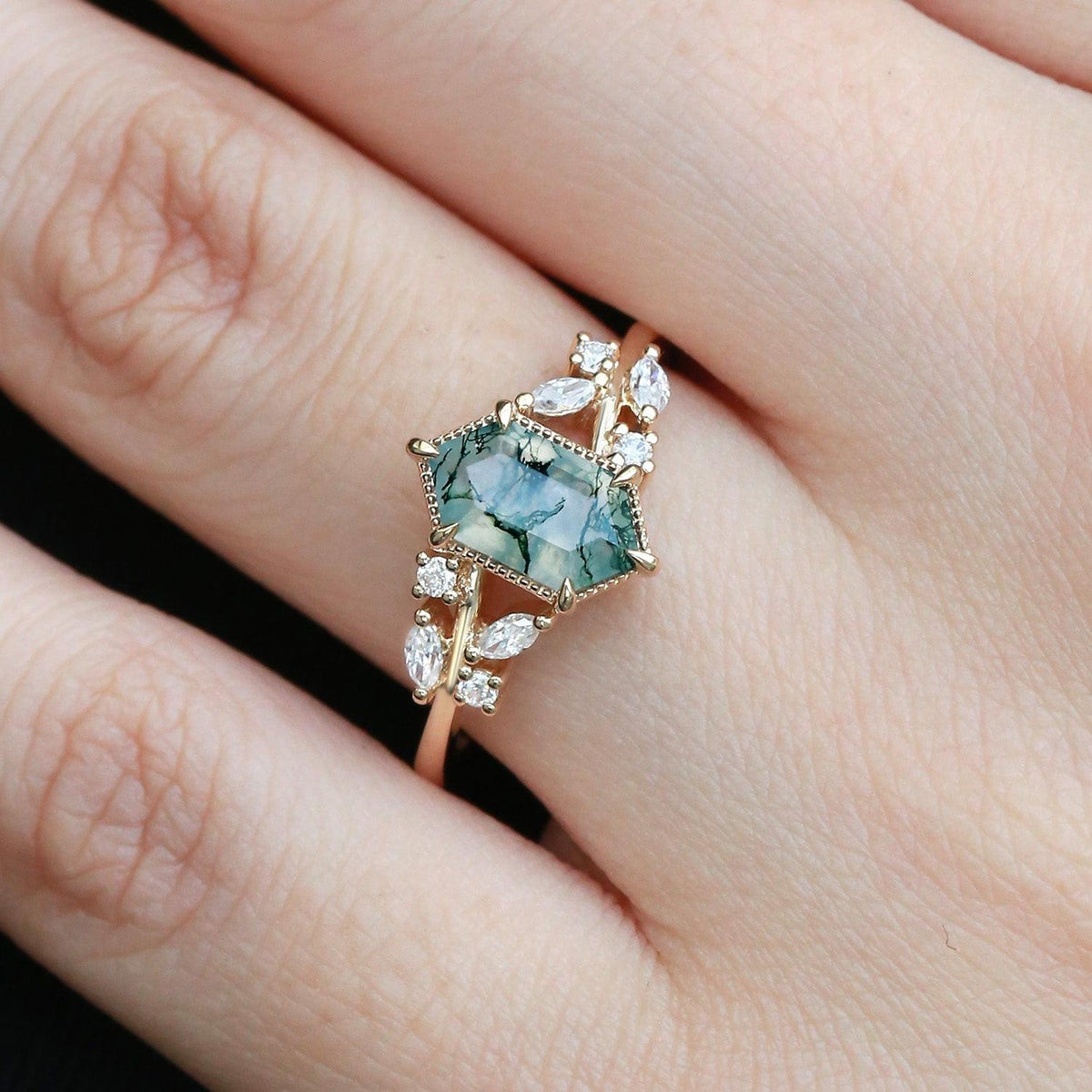 Forest Hex | Vintage Hexagon Moss Agate Leafy Engagement Ring.