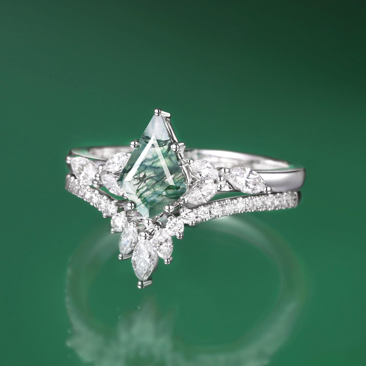 July Kite Cut Moss Agate White Gold Engagement Ring Set 2pcs.