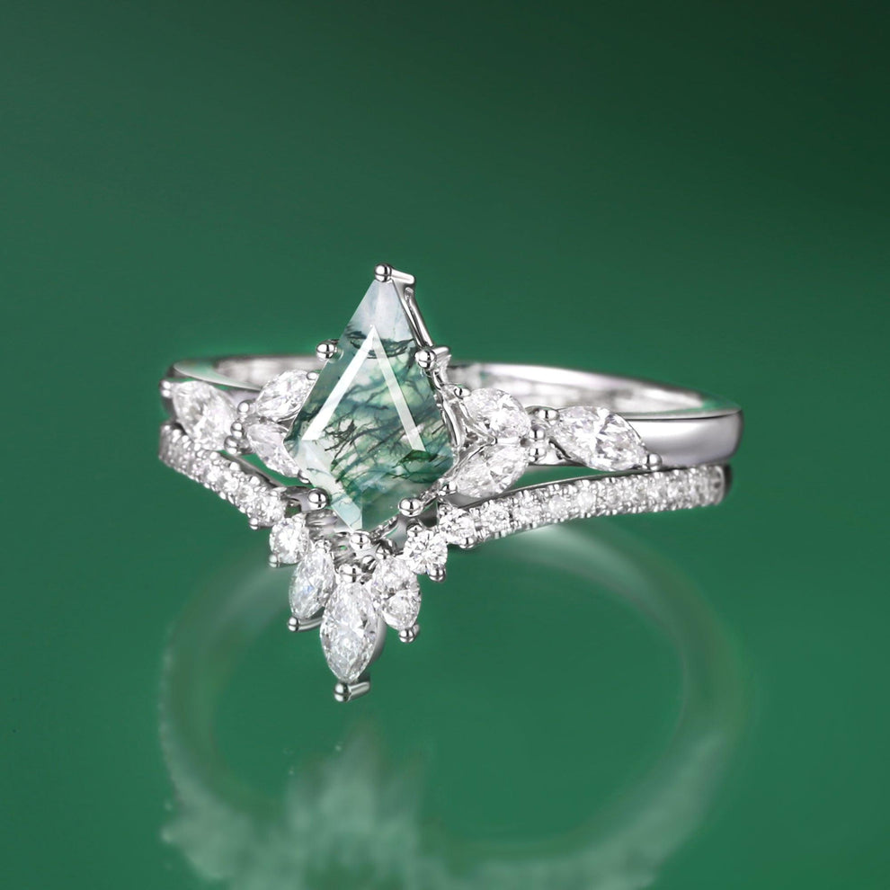 July Kite Cut Moss Agate White Gold Engagement Ring Set 2pcs.