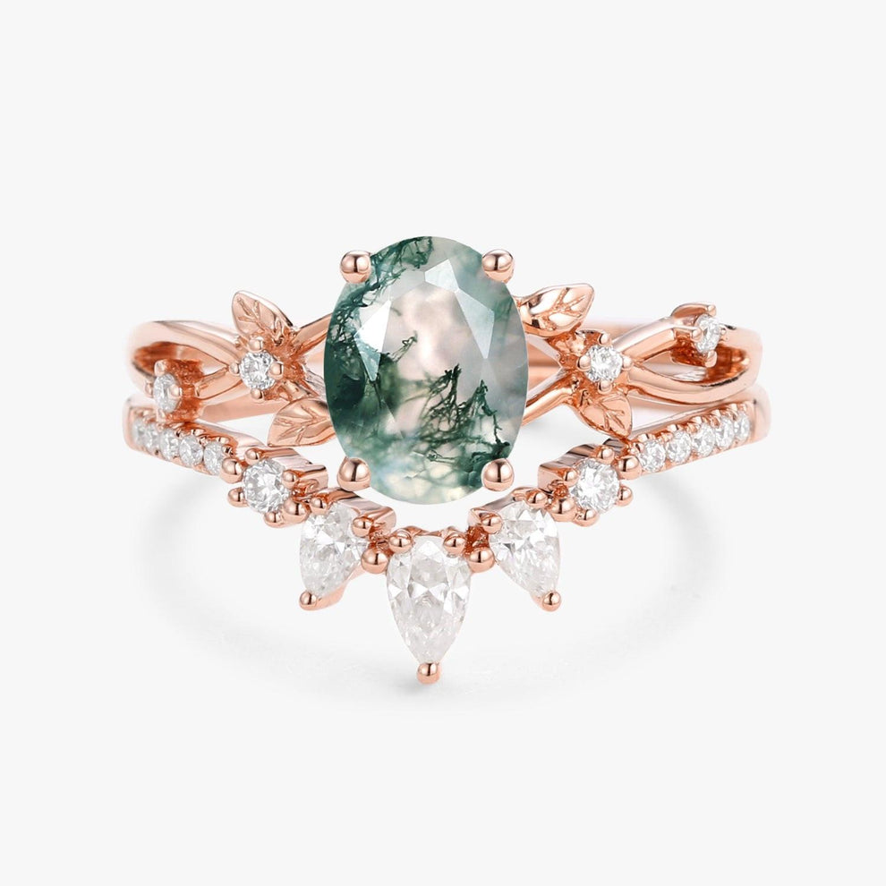 Wrenley 1.5ct Oval Cut Moss Agate Leafy White Gold Ring Set 2pcs.