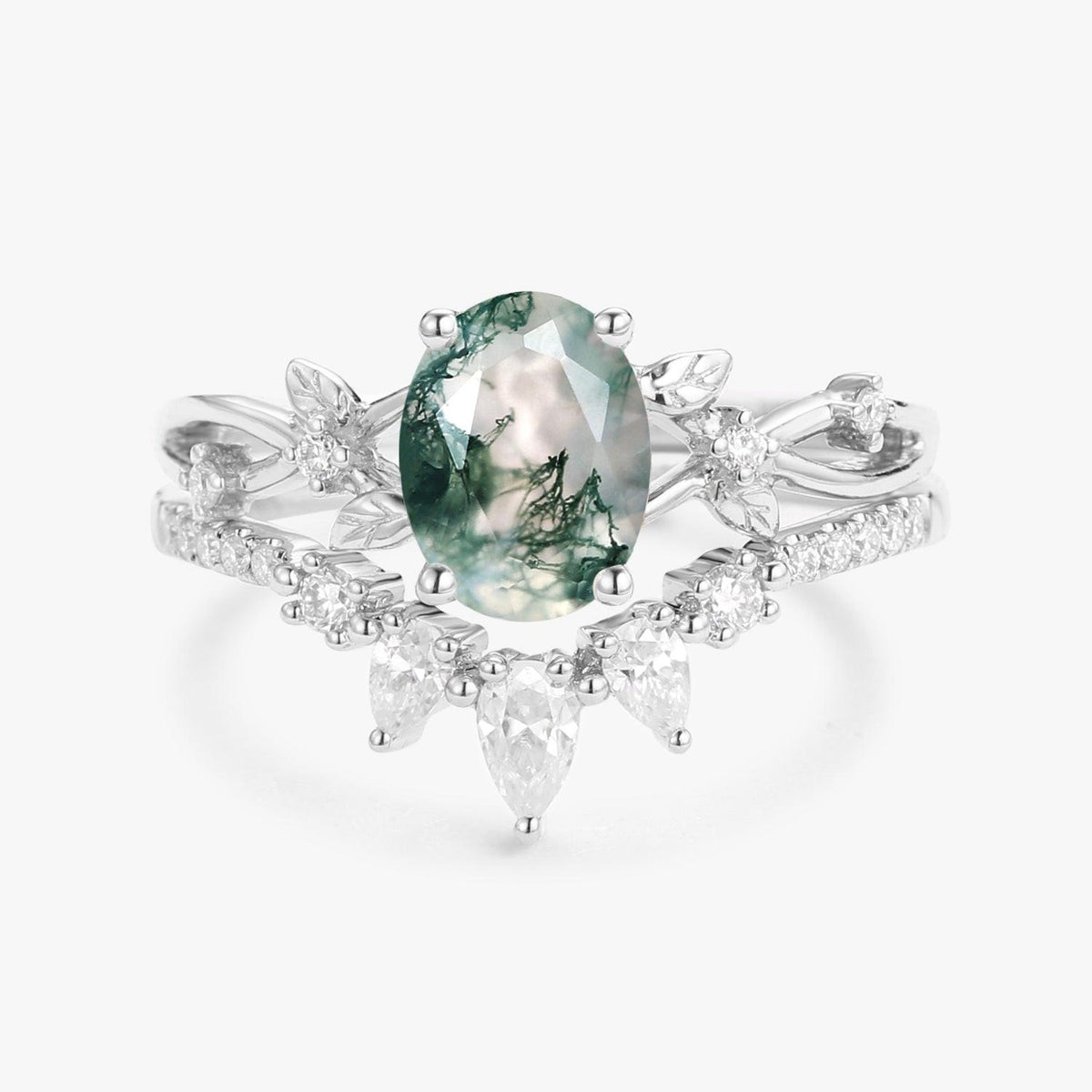 Wrenley 1.5ct Oval Cut Moss Agate Leafy White Gold Ring Set 2pcs.