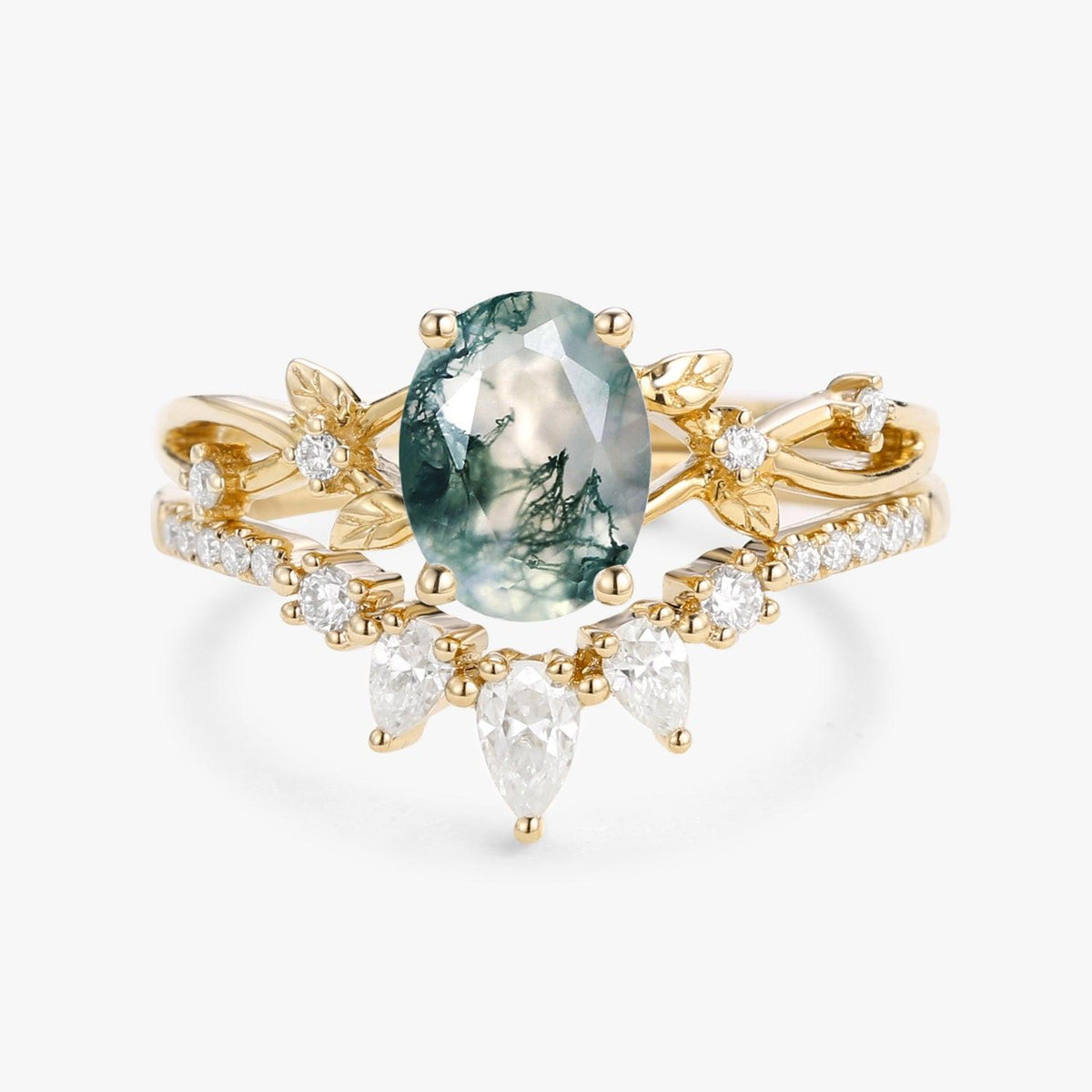 Wrenley 1.5ct Oval Cut Moss Agate Leafy White Gold Ring Set 2pcs.