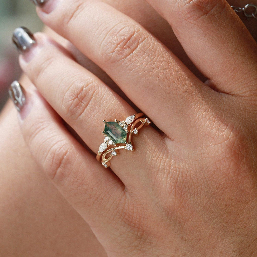 Ona Black Gold Long Hexagon Moss Agate Leafy Ring Set 2pcs.