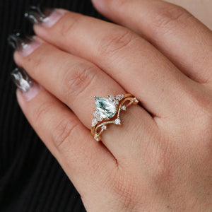 Ona Branches Pear Moss Agate Leafy Ring Set 2pcs.