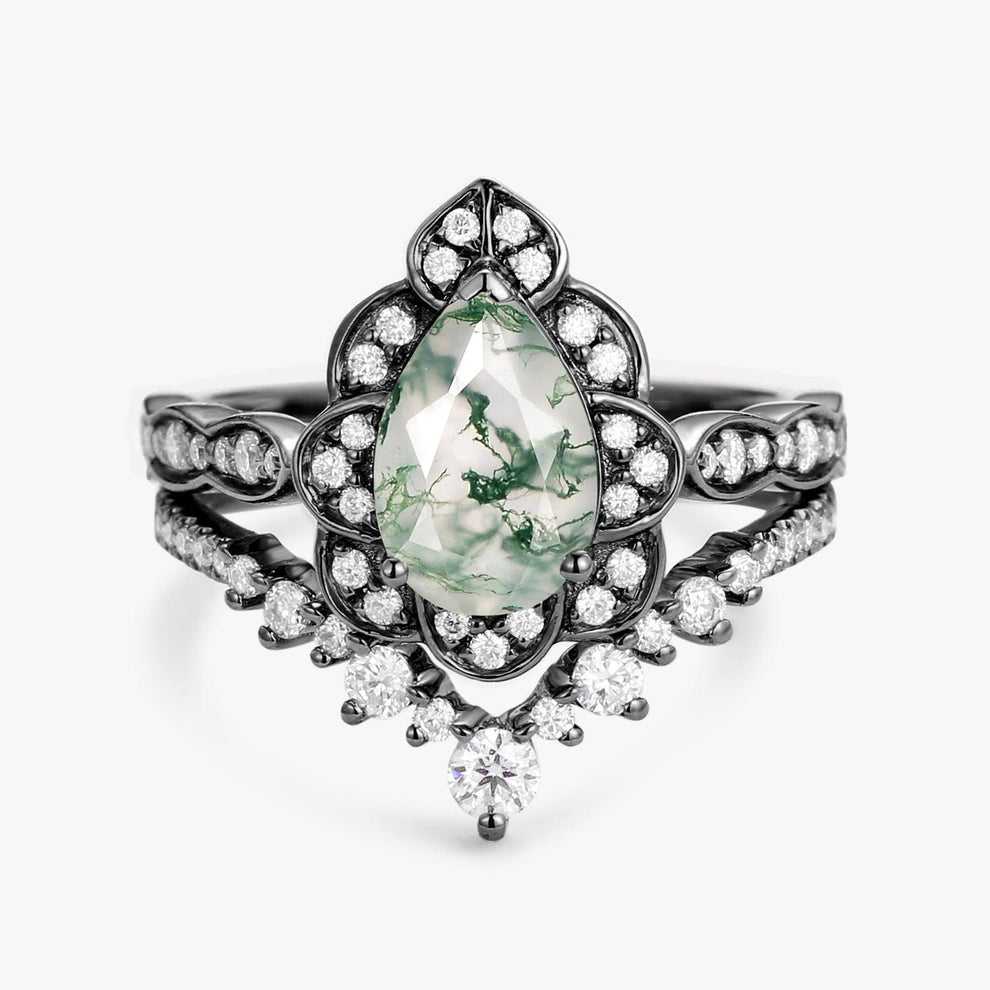 Art Deco Pear Cut Moss Agate Ring Set 2pcs.