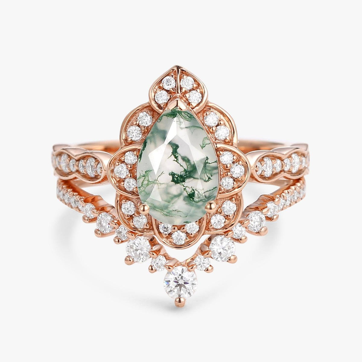 Art Deco Pear Cut Moss Agate Ring Set 2pcs.
