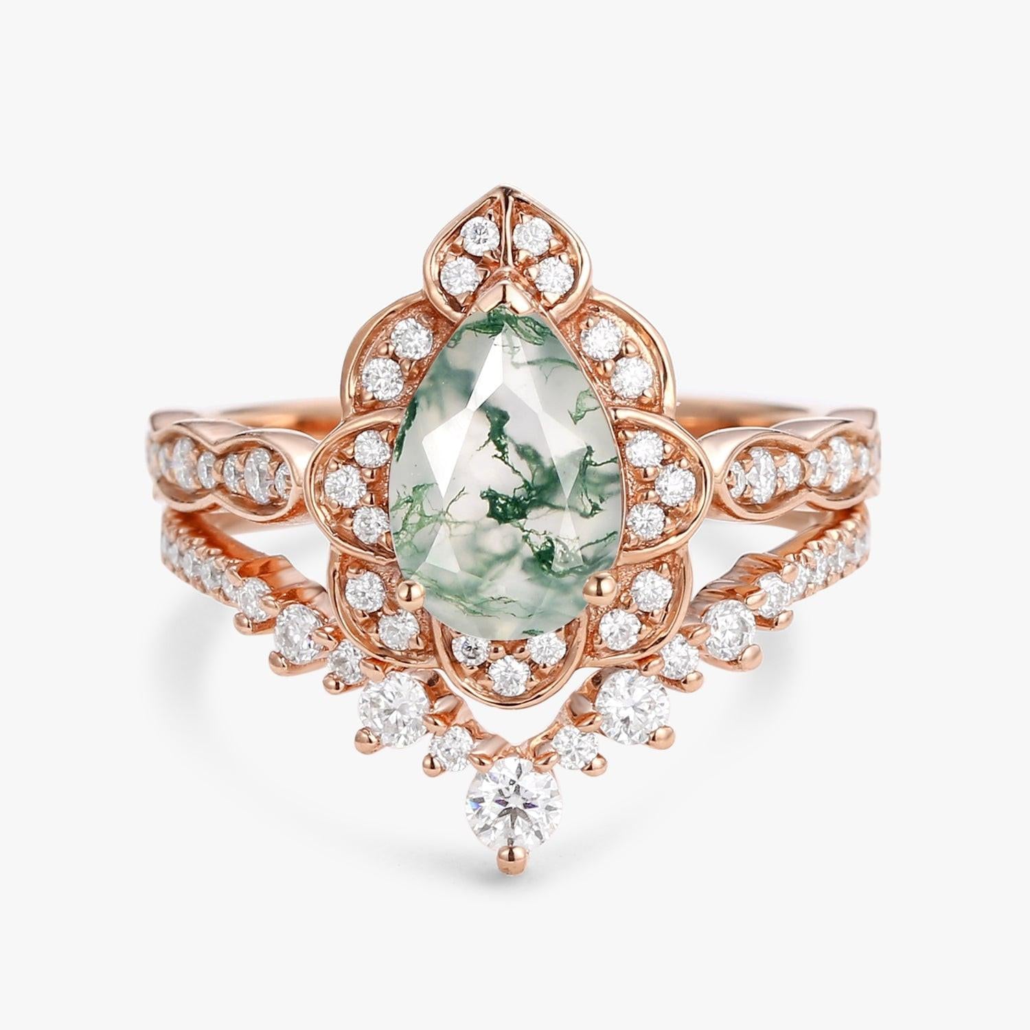 Art Deco Pear Cut Moss Agate Ring Set 2pcs.