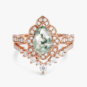 Art Deco Pear Cut Moss Agate Ring Set 2pcs.