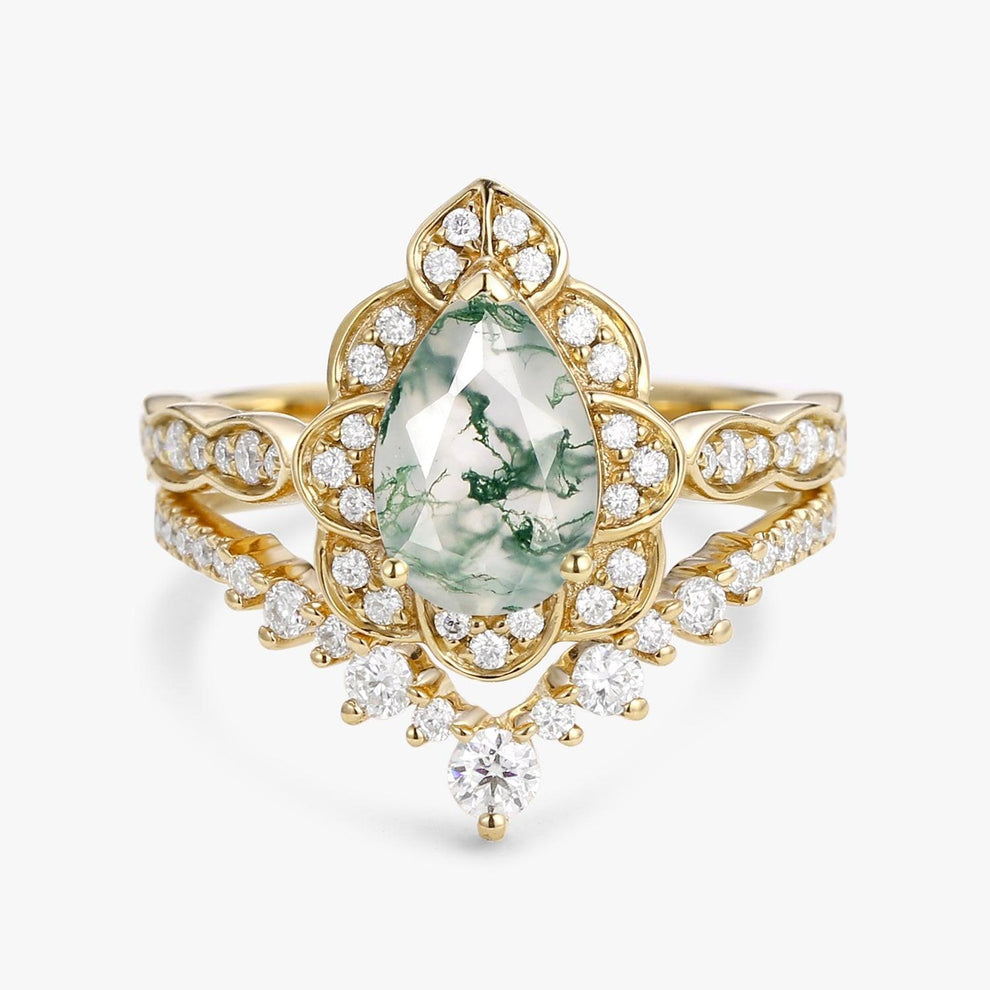 Art Deco Pear Cut Moss Agate Ring Set 2pcs.