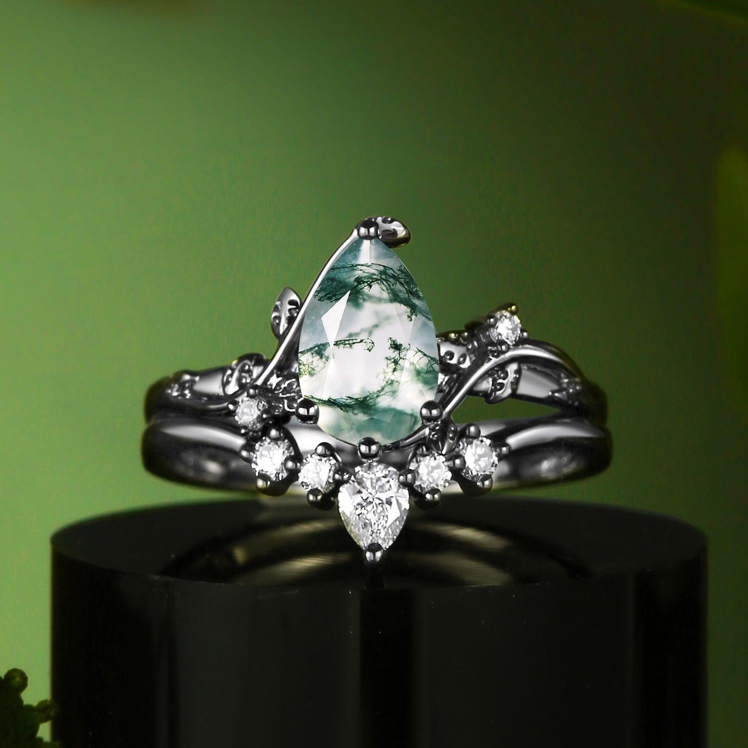 Willow Unique Pear Shaped Moss Agate Leafy Bridal Ring Sets 2pcs.