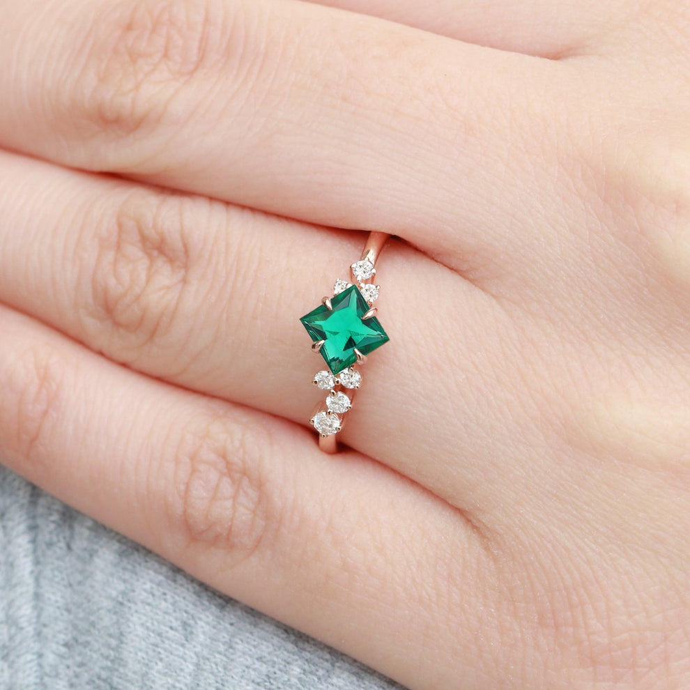 Rosalba’s Emeraude | Princess Cut Lab Emerald Solitaire Engagement Ring.
