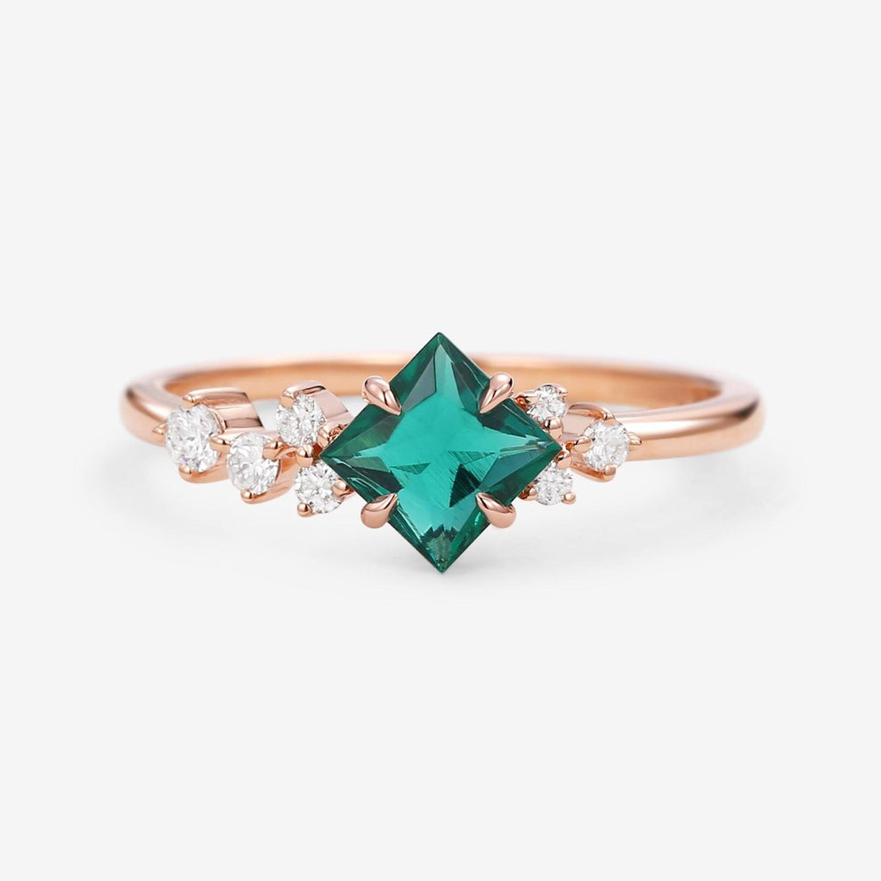 Rosalba’s Emeraude | Princess Cut Lab Emerald Solitaire Engagement Ring.