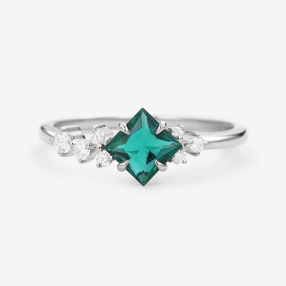 Rosalba’s Emeraude | Princess Cut Lab Emerald Solitaire Engagement Ring.