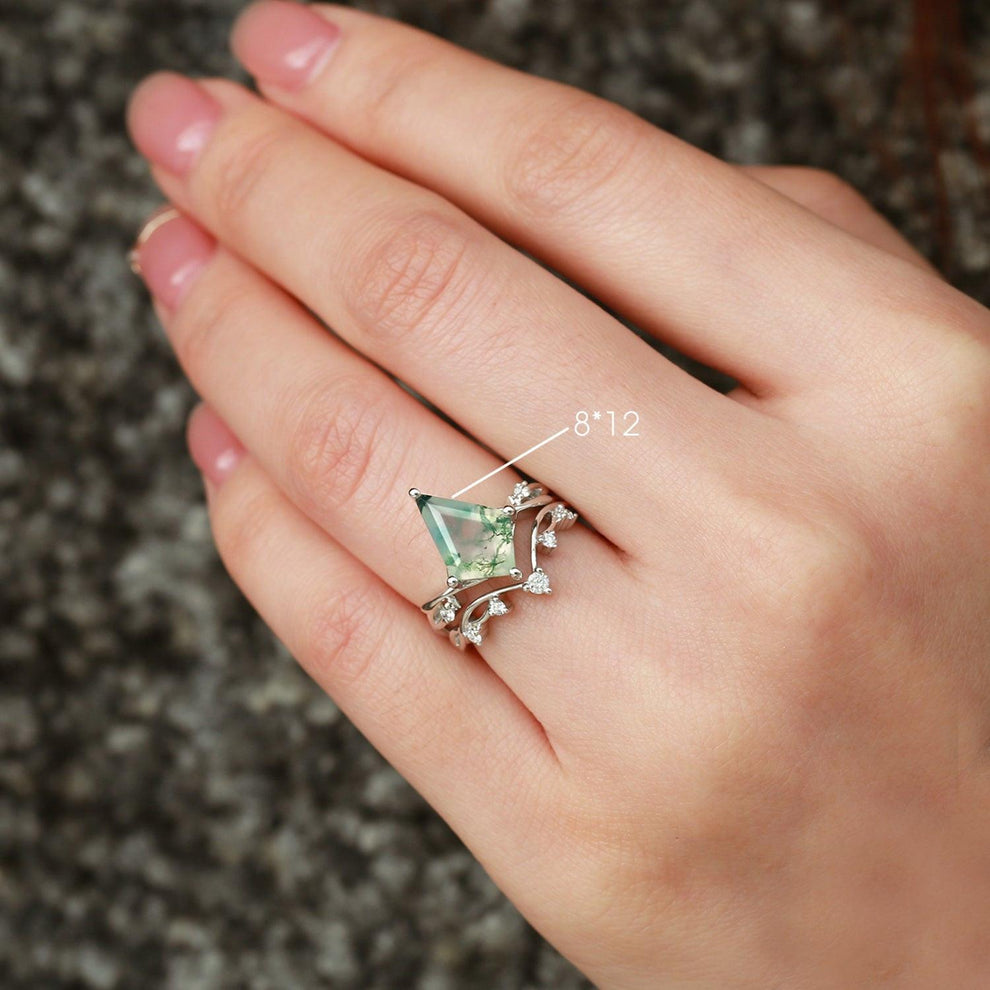 Branch Kite Shape Natural Moss Agate Engagement Ring Sets 2pcs.