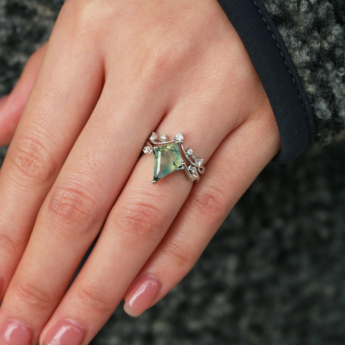 Branch Kite Shape Natural Moss Agate Engagement Ring Sets 2pcs.