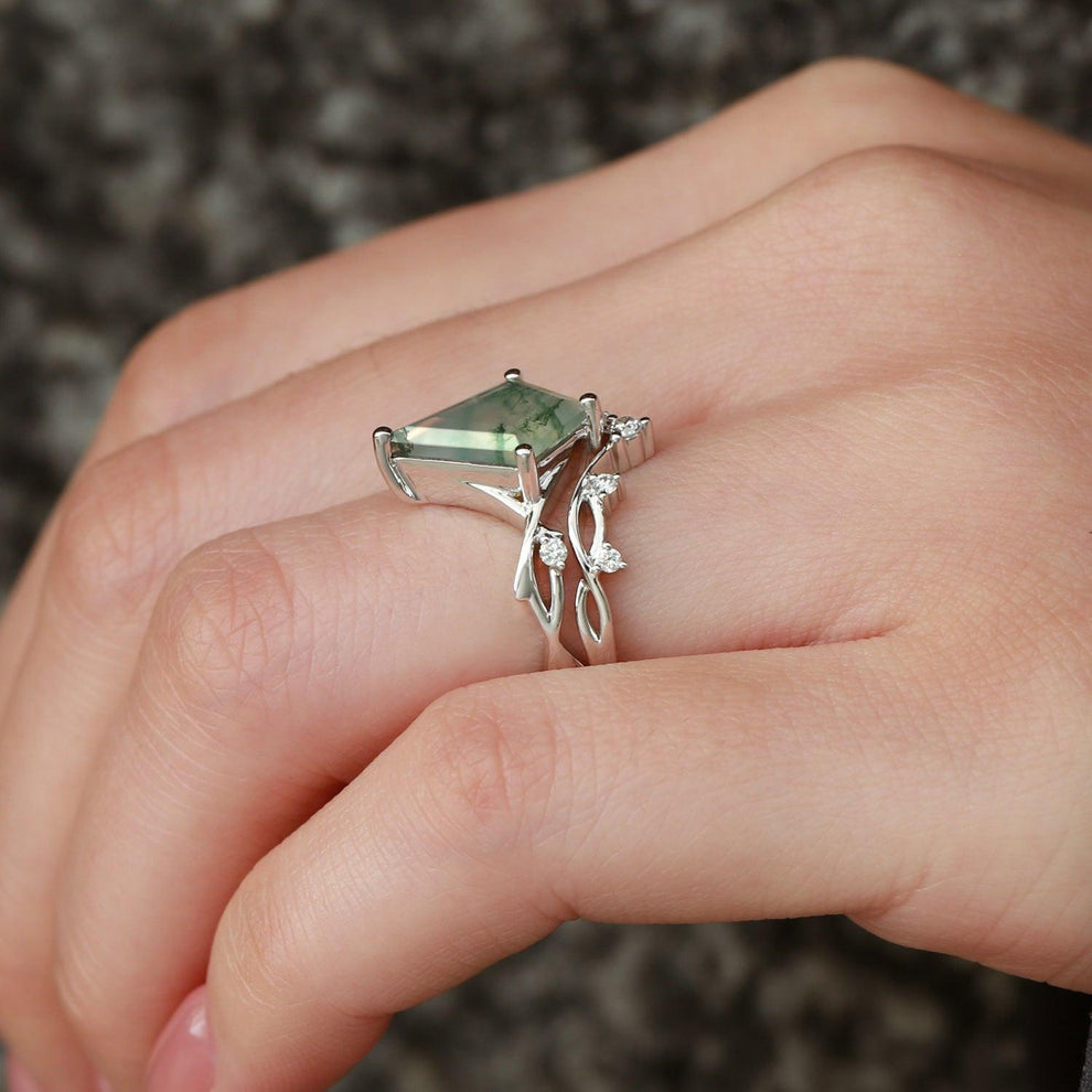 Branch Kite Shape Natural Moss Agate Engagement Ring Sets 2pcs.