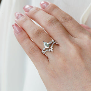 Unique Kite Moss Agate Engagement Ring Sets 2pcs.