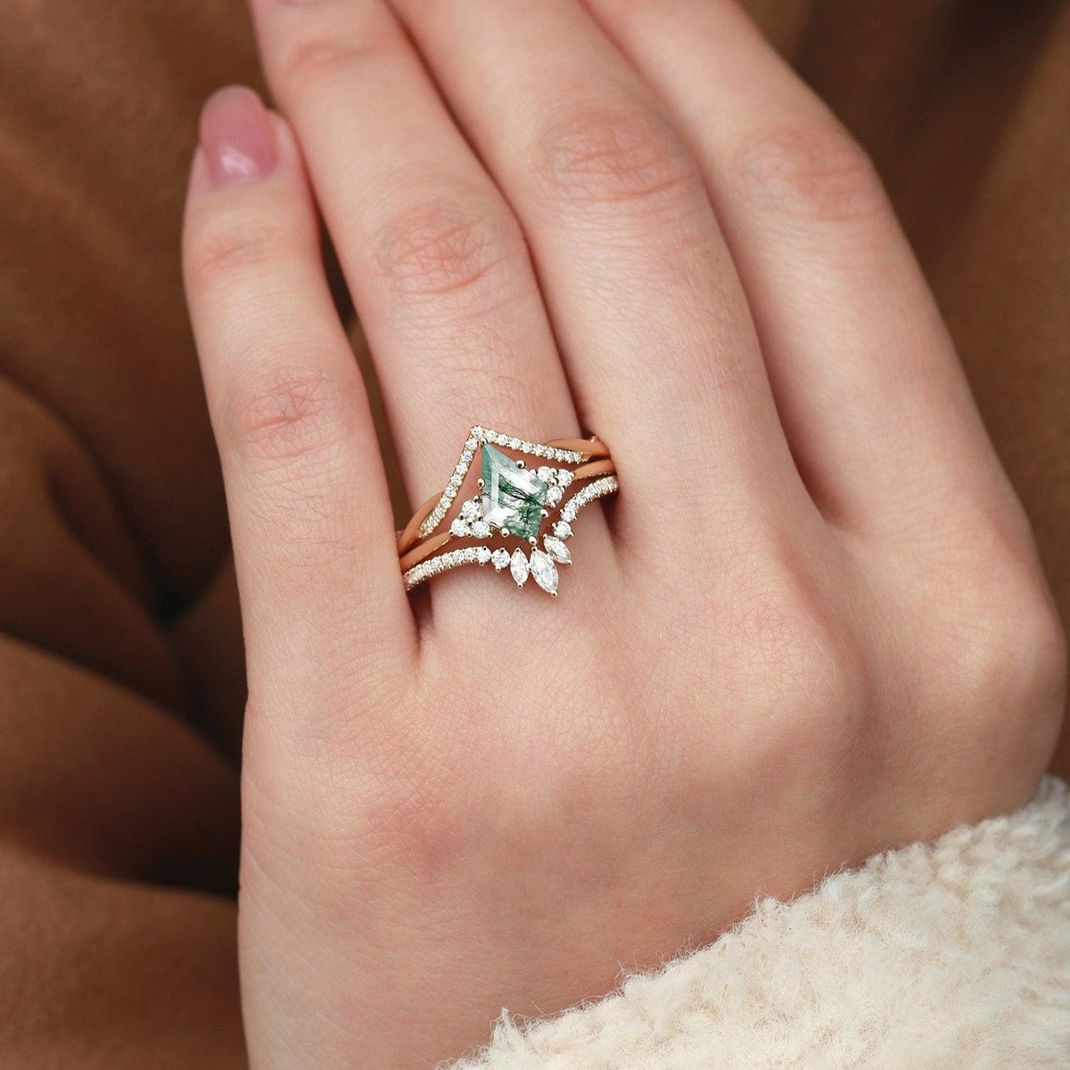 Green Moss Agate Kite Cut Infinity Curved Engagement Ring Set 3pcs.
