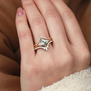 Green Moss Agate Kite Cut Infinity Curved Engagement Ring Set 3pcs.