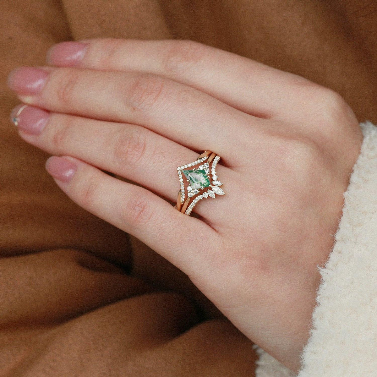 Green Moss Agate Kite Cut Infinity Curved Engagement Ring Set 3pcs.