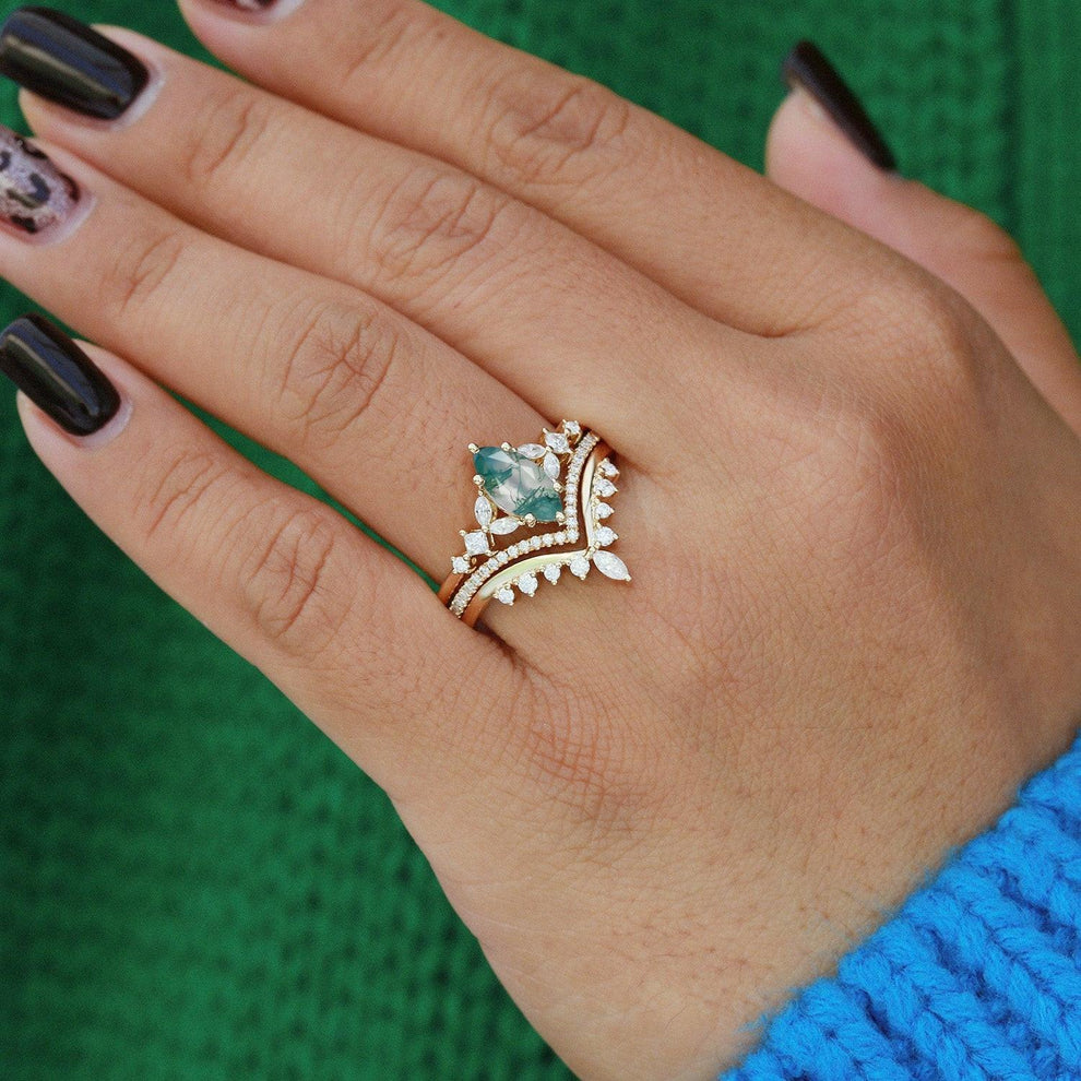 Black Gold Marquise Moss Agate Engagement Ring Set 3pcs.