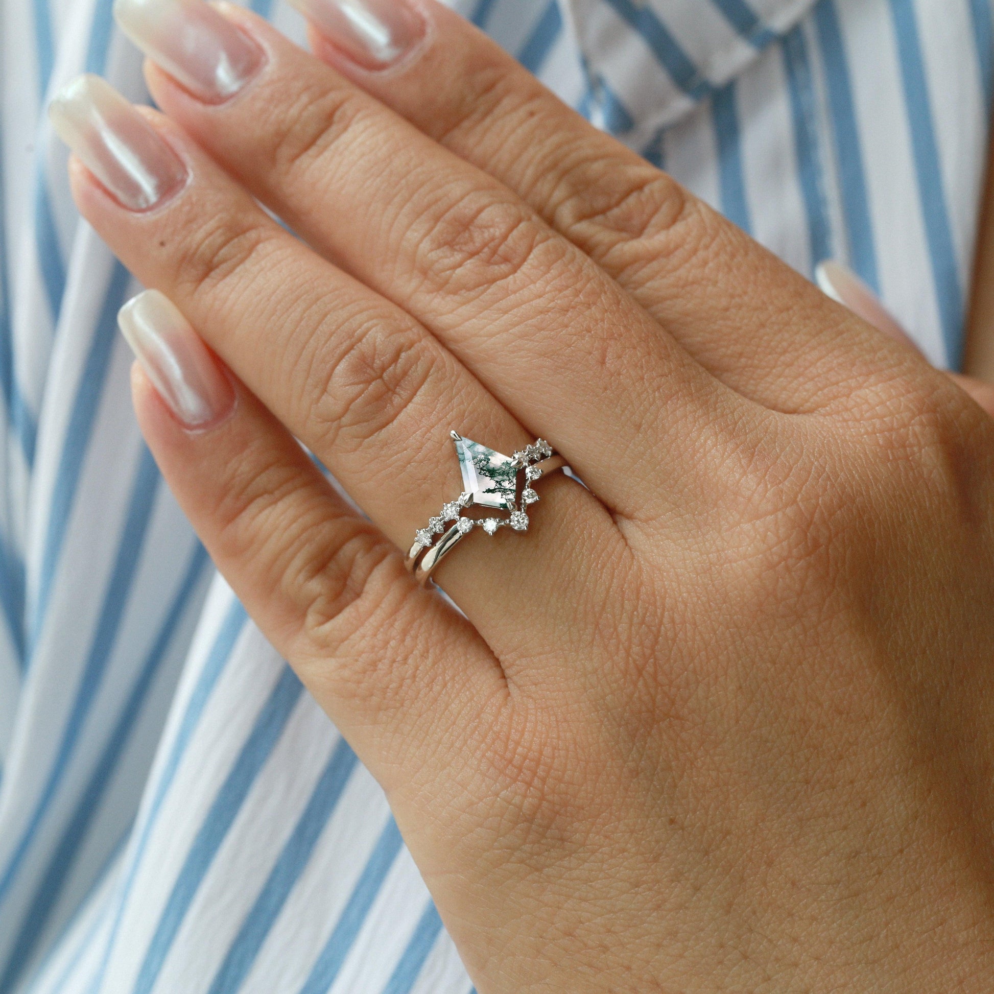Vintage 1.5ct  Moss Agate Engagement Ring Set 2pcs.