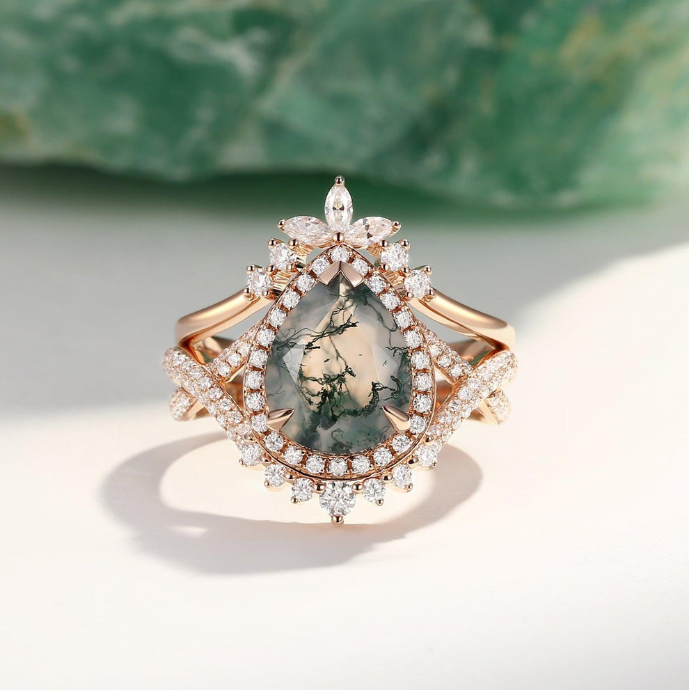 Everlyn Pear Shaped Moss Agate Antique Halo Infinity Ring Sets 2pcs.