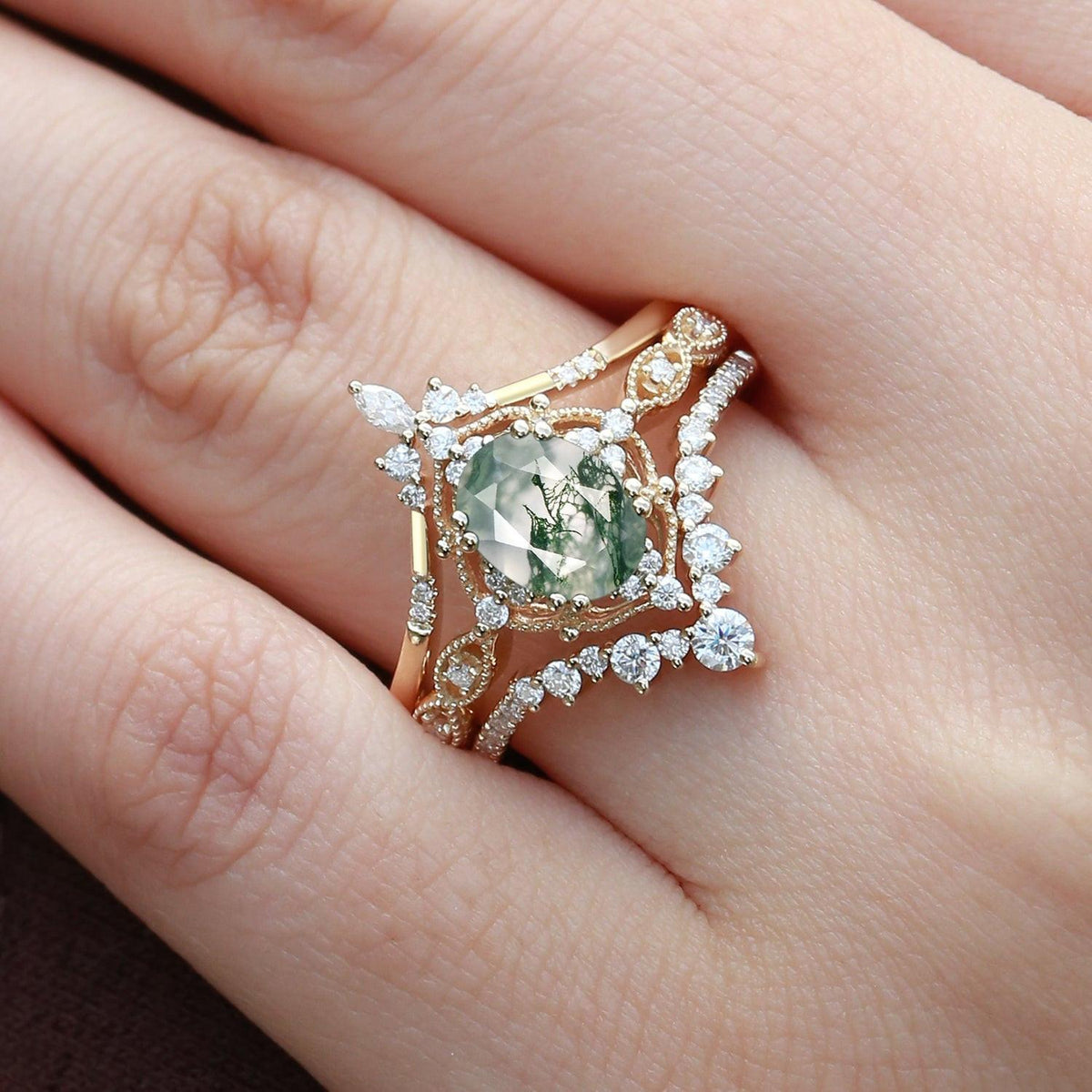 Oval Moss Agate Signature Vintage Ring Set 3pcs.