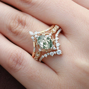 Oval Moss Agate Signature Vintage Ring Set 3pcs.